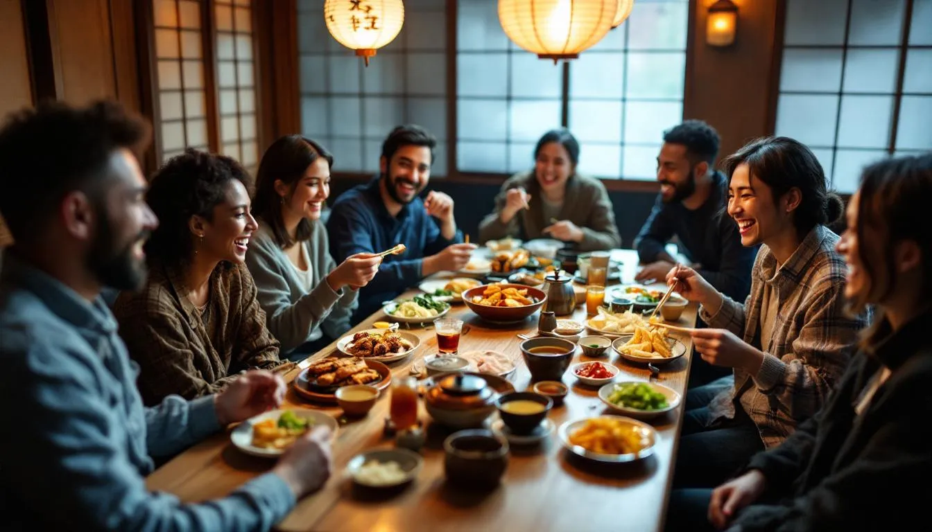 A diverse group of diners sits around a traditional low table in a lively izakaya, sharing an extensive selection of dishes including grilled chicken skewers, agedashi tofu, and sushi. The modern decor complements the atmosphere as guests enjoy their meals and drinks, creating a vibrant dining experience.