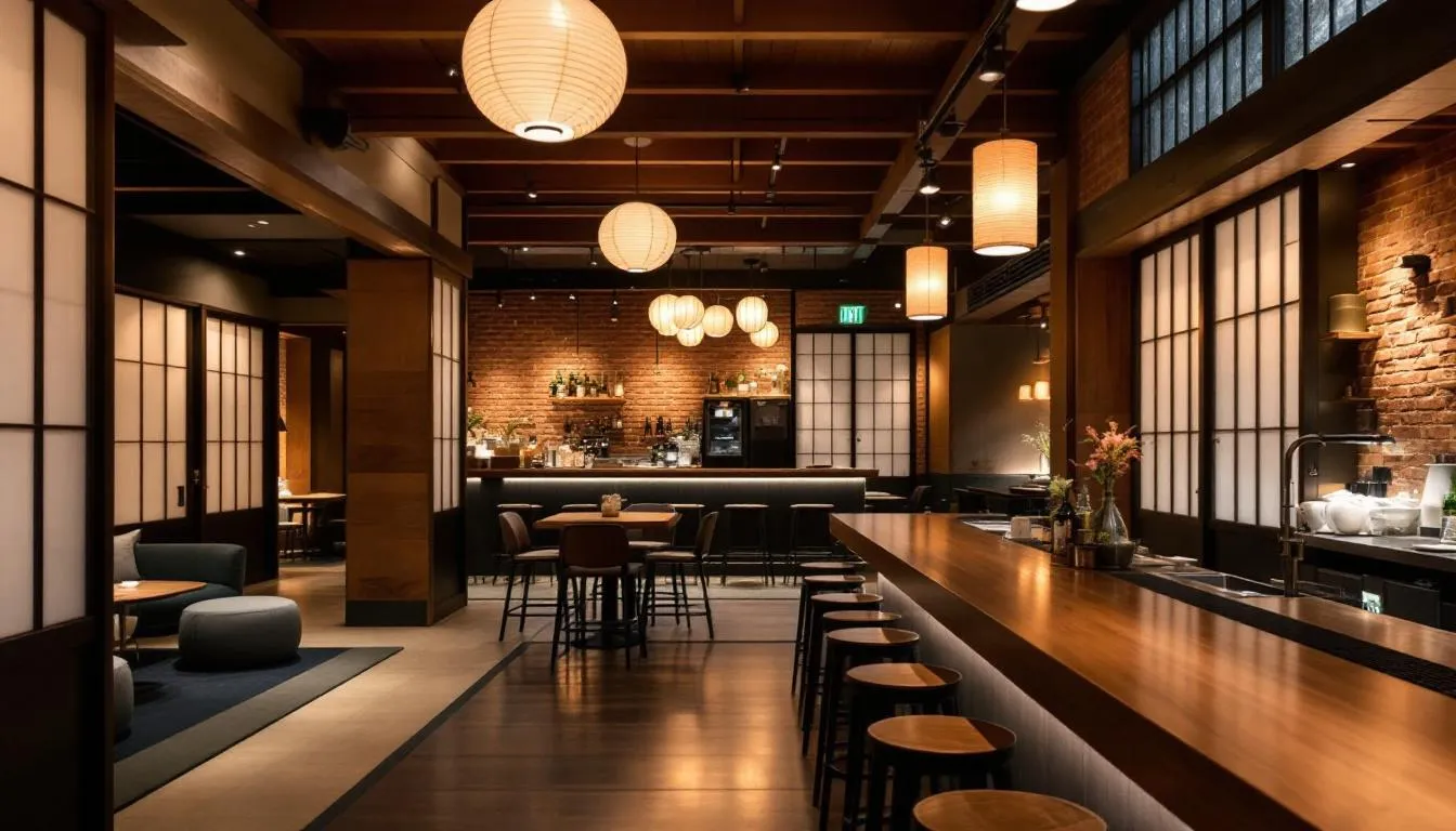 The image depicts a modern Singapore izakaya interior that beautifully blends traditional Japanese elements with contemporary design, featuring low tables and private booths. Diners can enjoy an extensive menu of dishes like grilled chicken skewers, sushi, and noodle dishes in a lively atmosphere, complete with modern decor and a welcoming vibe.