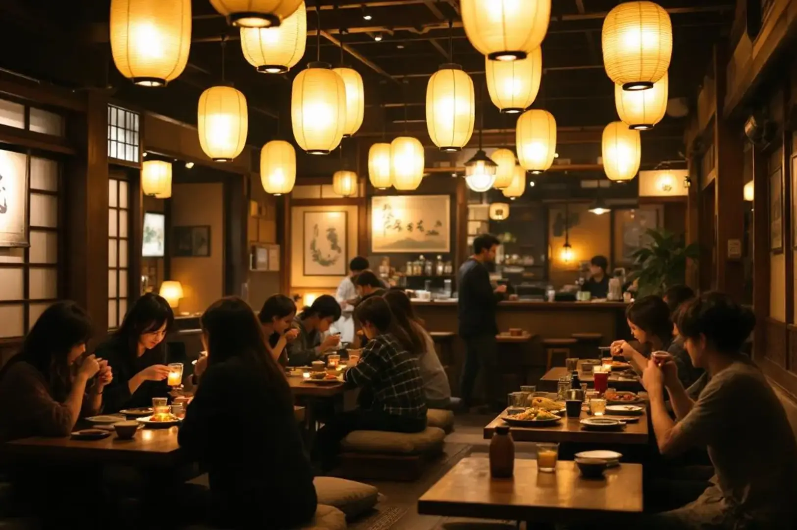 Warmly lit interior of a Japanese izakaya in Singapore filled with hanging paper lanterns, wooden tables, and customers enjoying dining and drinks"