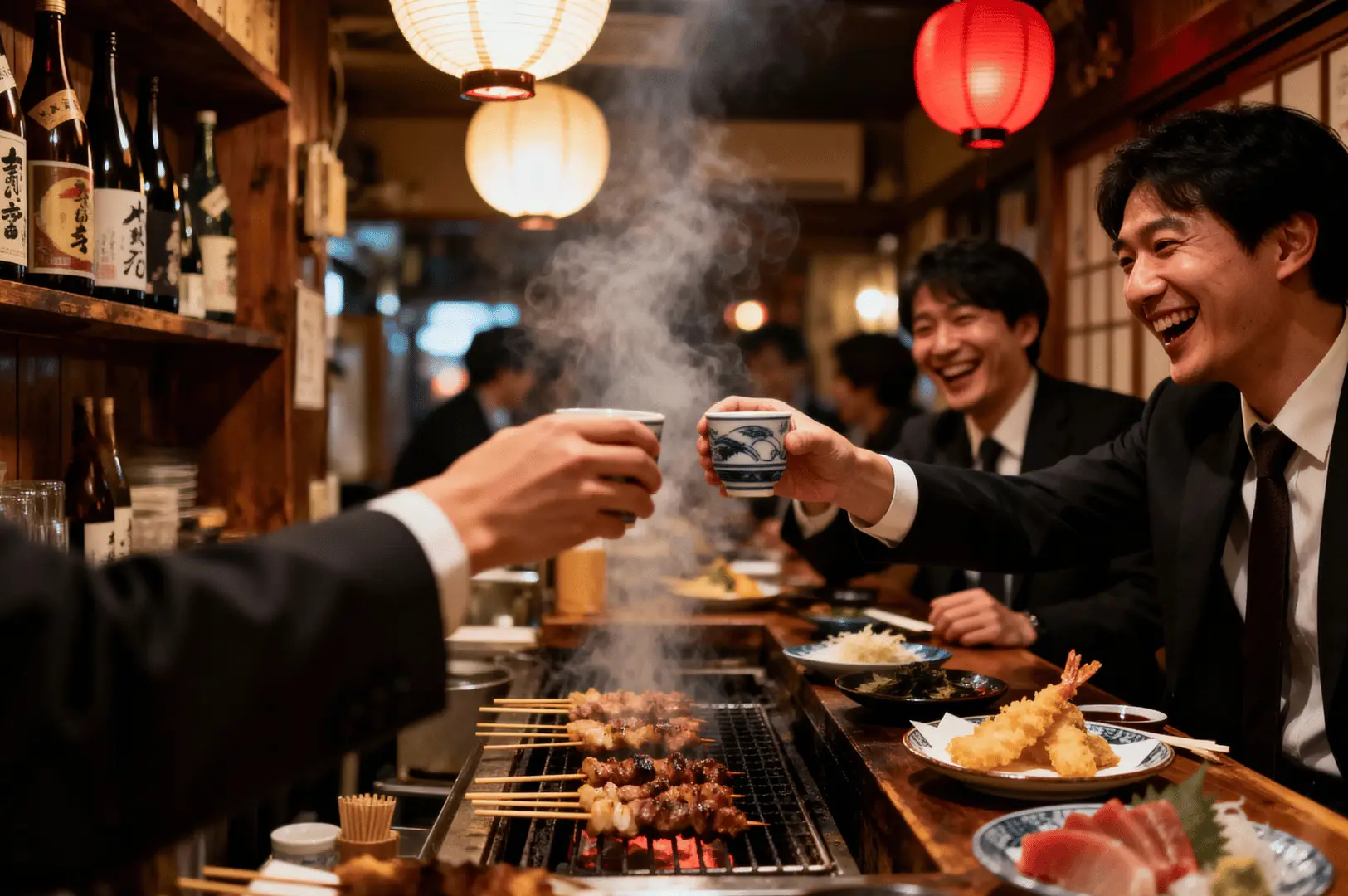 Businessmen in suits toasting with cups at a Japanese izakaya bar counter over a charcoal grill in Singapore