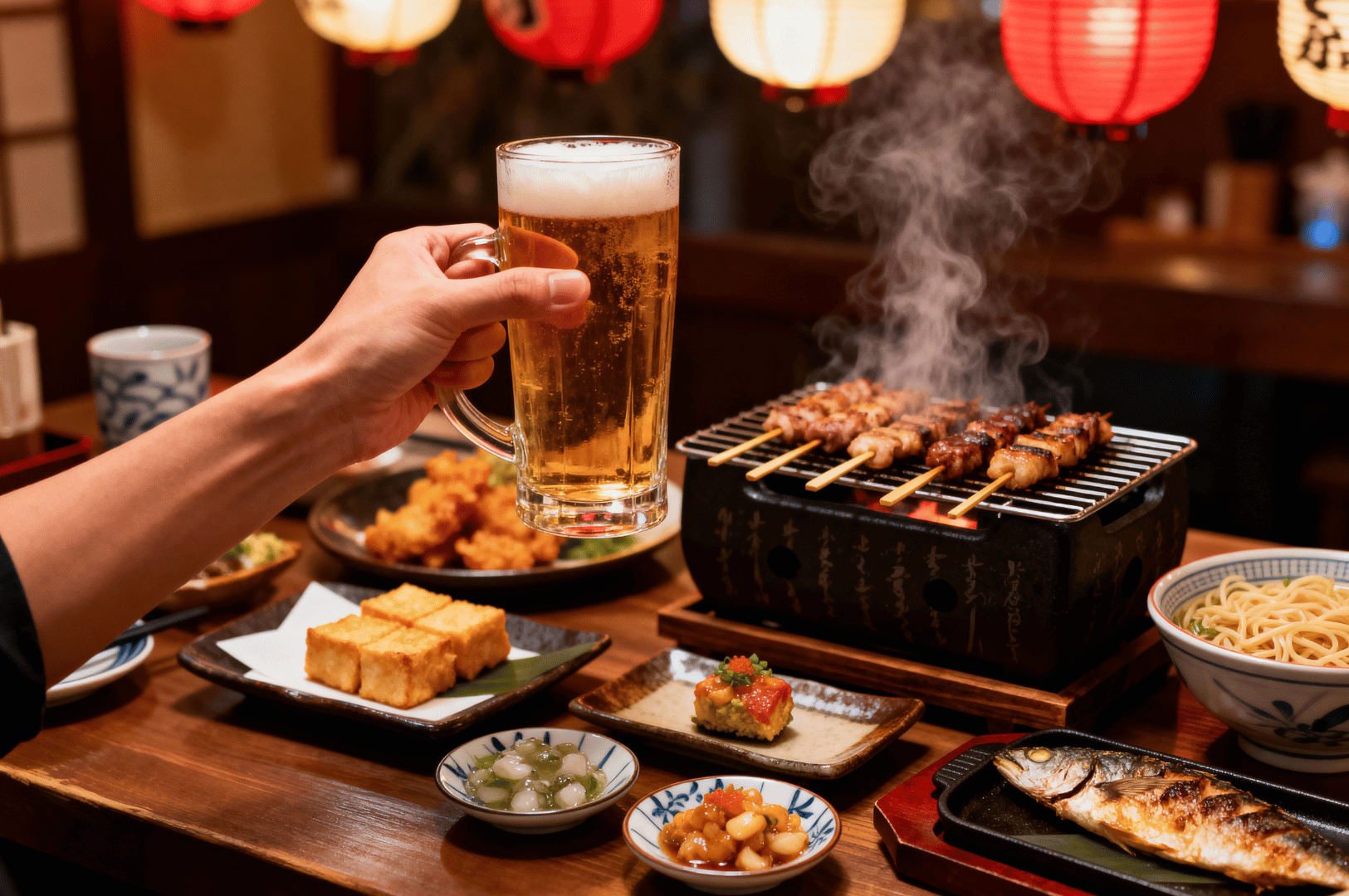 Hand holding a beer over a tabletop grill with steaming yakitori, grilled fish, and assorted Japanese dishes—illustrating communal dining and food-sharing customs in a traditional izakaya.