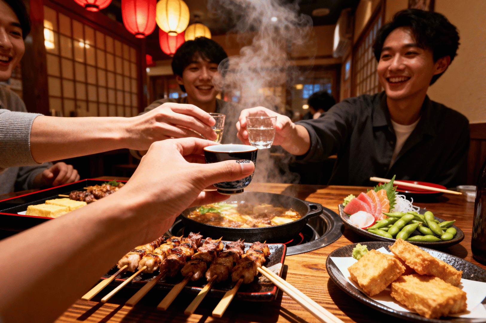 Group toasting over hot pot, yakitori, and sashimi in a Japanese-style restaurant with shoji screens—showcasing communal dining and celebration etiquette in traditional izakayas.