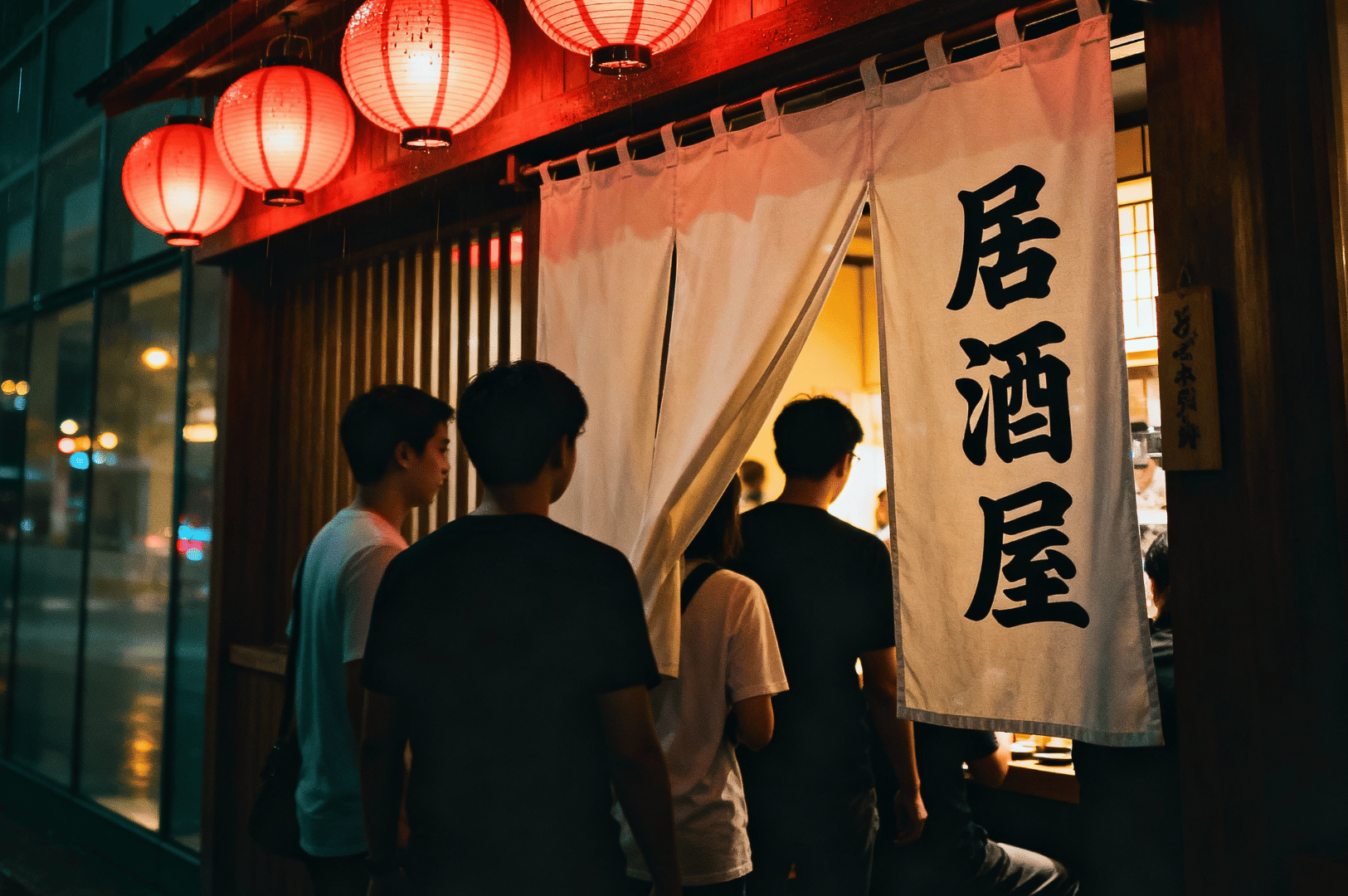 A group of diners enters a warmly lit izakaya in Singapore’s Novena district, framed by glowing red lanterns and a traditional noren curtain with bold kanji characters—evoking the cozy, communal spirit of Japanese nightlife.