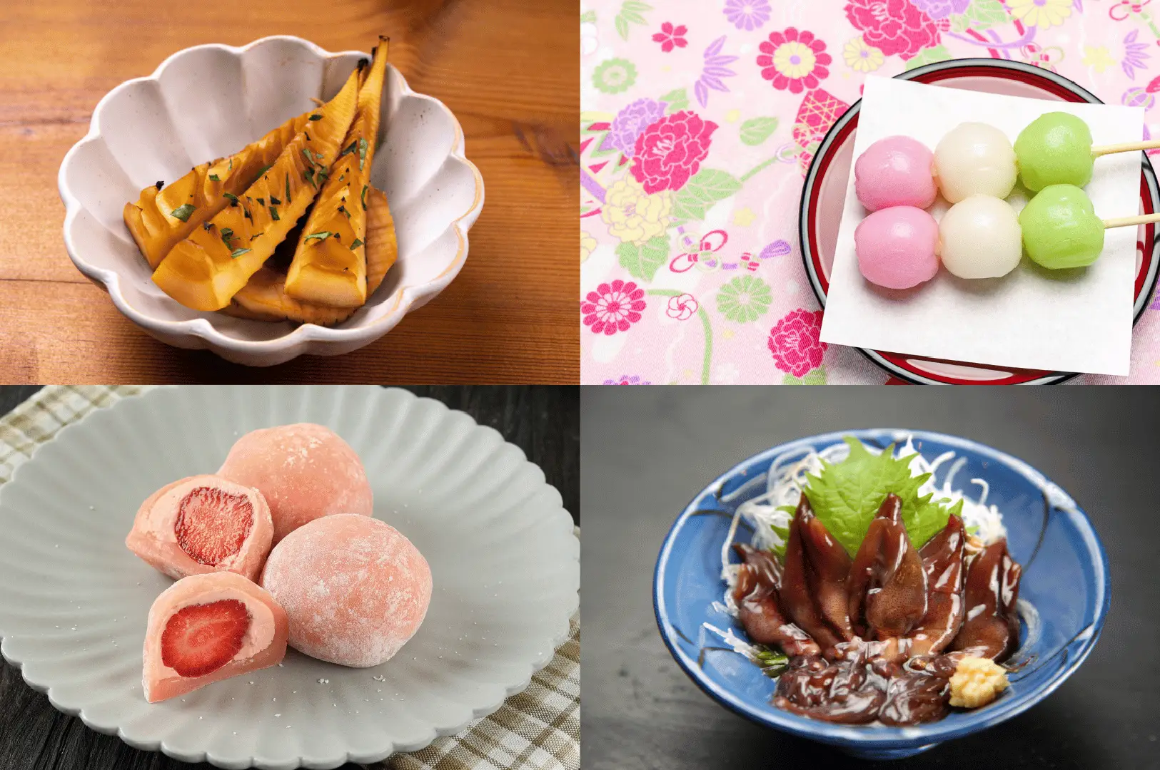 A collection of traditional Japanese food dishes including grilled bamboo shoots, dango skewers, strawberry mochi, and marinated squid at Best Izakaya Singapore