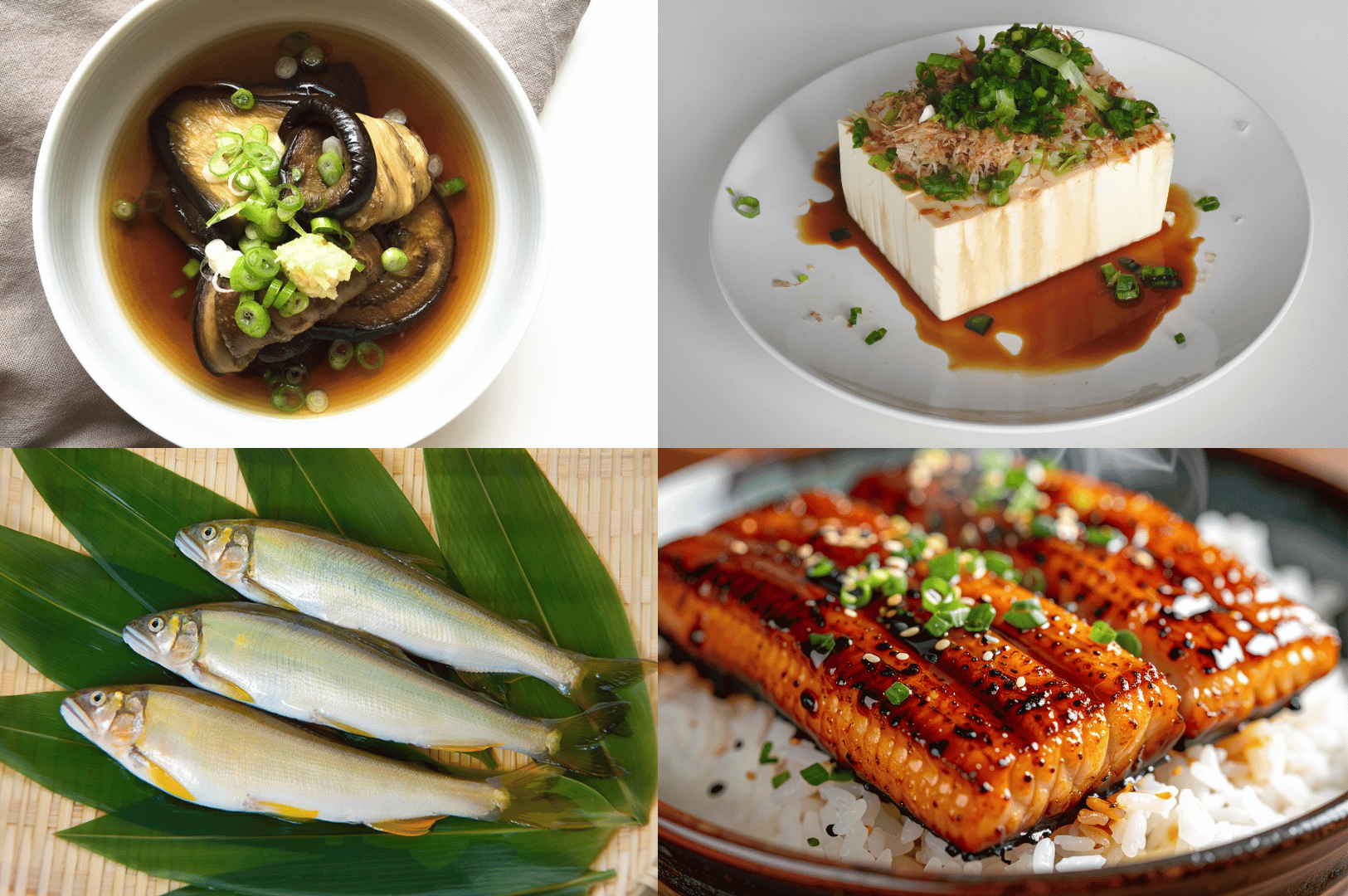 Collage of seasonal Japanese dishes including simmered eggplant, chilled tofu with bonito flakes, grilled sweetfish, and glazed unagi over rice—celebrating Japan’s culinary traditions across the four seasons.