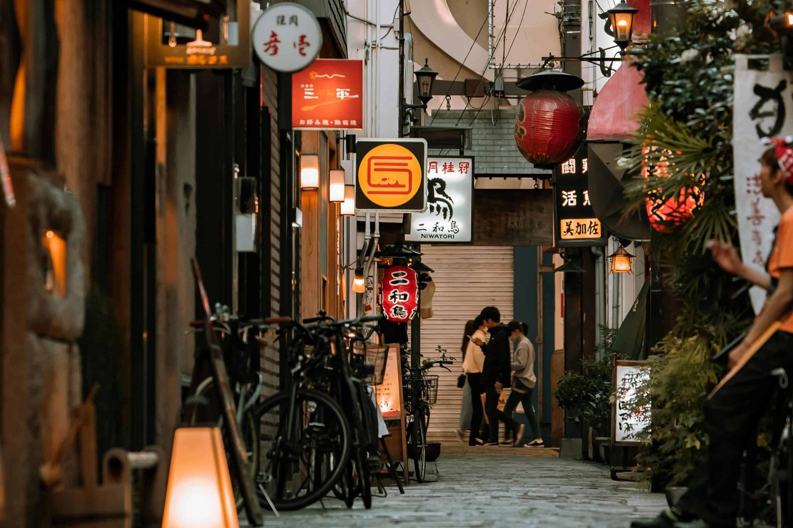 A photo of an alley filled with different Japanese izakayas, may it be traditional or vegetarian.