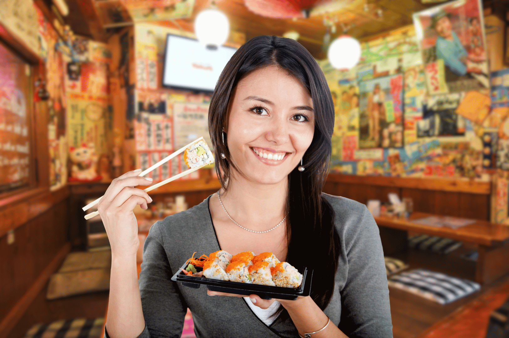 Smiling diner holding a tray of vegetarian sushi topped with plant-based roe in a vibrant Japanese-themed restaurant—celebrating joyful moments and meat-free dining at Singapore’s vegetarian izakayas.