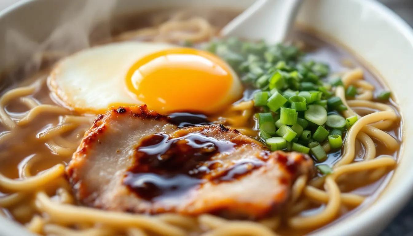 A steaming bowl of ramen is presented, featuring tender chashu pork slices and a soft-boiled egg, nestled in rich, flavorful broth. This dish is a popular choice at many Japanese restaurants, showcasing traditional Japanese cuisine that is perfect for a satisfying meal.