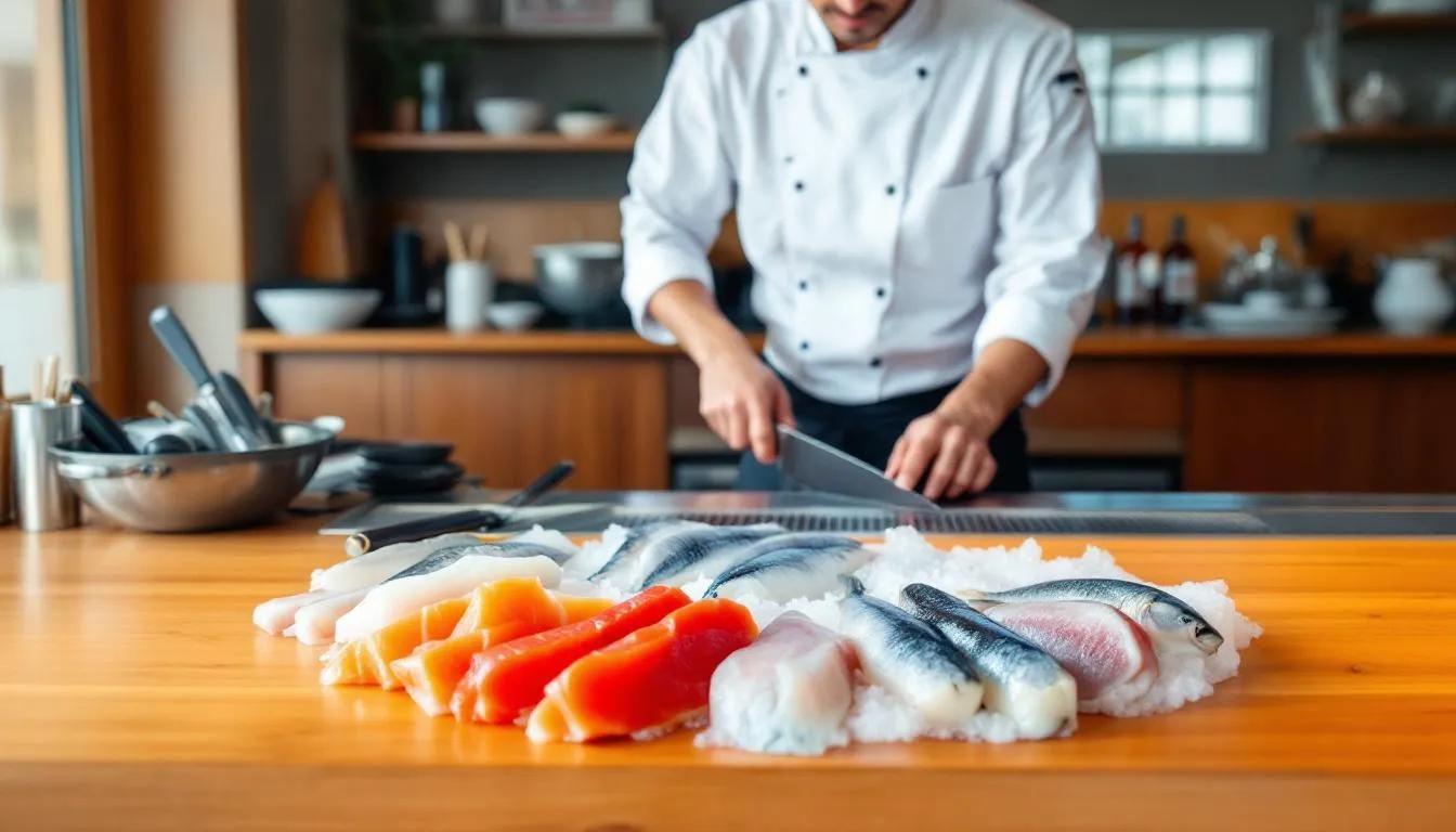 A Japanese chef skillfully prepares fresh sashimi behind a sushi bar counter, showcasing traditional Japanese cuisine. The vibrant colors of the fresh salmon and tuna highlight the premium ingredients used in this popular dish, reflecting the essence of authentic Japanese dining experiences.