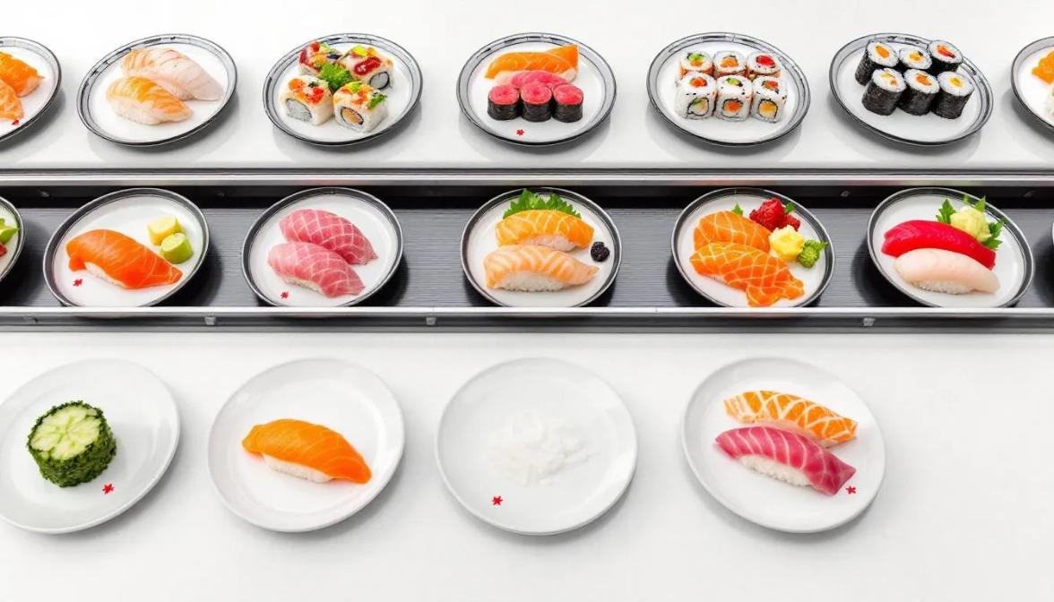 The image showcases a vibrant array of sushi plates moving along a conveyor belt, featuring various traditional Japanese cuisine options such as fresh sashimi, nigiri, and maki. This colorful display highlights the extensive menu available at popular Japanese restaurants, inviting diners to indulge in a delightful sushi experience.