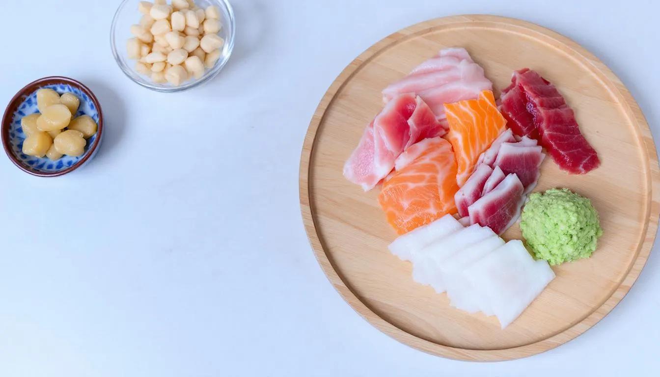 A fresh sashimi platter featuring an assortment of raw seafood, including vibrant slices of salmon and tuna, is elegantly presented with a dollop of wasabi and pickled ginger on the side. This dish represents traditional Japanese cuisine, perfect for those looking to indulge in authentic Japanese dining experiences at restaurants in Singapore.