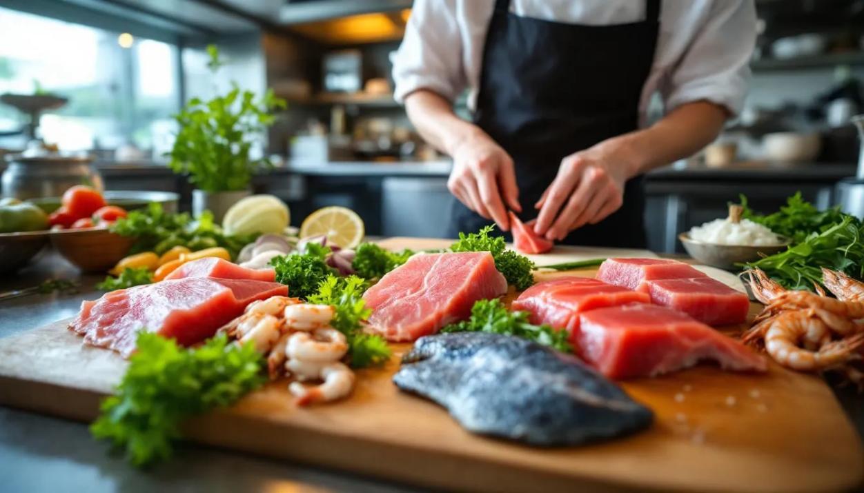 The image showcases a skilled Japanese chef preparing fresh ingredients sourced from Japan's Toyosu Market in a modern Japanese restaurant in Singapore. The vibrant colors of seasonal produce and premium seafood highlight the culinary artistry that defines the best Japanese dining experience, inviting diners to indulge in signature dishes and fresh sushi.