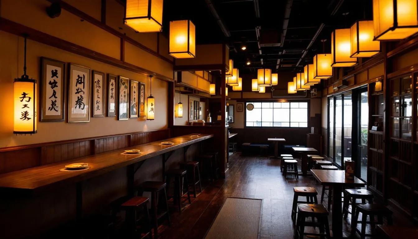 The interior of Nomiya Izakaya features intimate lighting and traditional Japanese decor, creating a cozy atmosphere perfect for enjoying fine food and drinks like sake. The warm ambiance invites guests to savor dishes such as gold dust charcoal chicken and foie gras chawanmushi in this charming izakaya sake bar located in Chinatown.