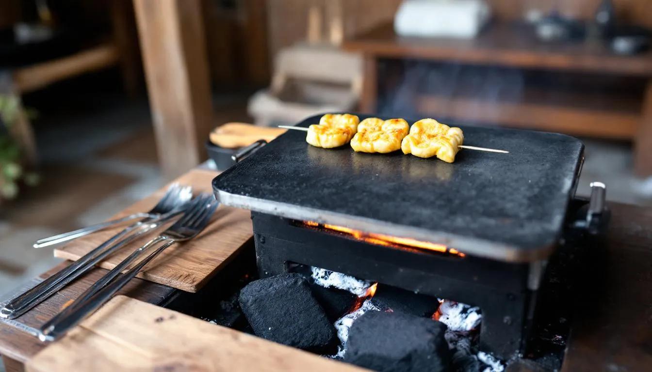 The image depicts a charcoal grilling station where skewers are being prepared over traditional binchotan charcoal, evoking the authentic experience of a Japanese izakaya. The warm glow of the charcoal enhances the atmosphere, inviting diners to enjoy fine food like gold dust charcoal chicken and pork belly at a nomiya izakaya sake bar.