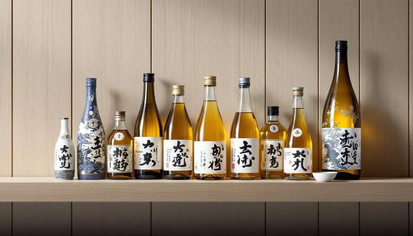 The image showcases an extensive collection of premium sake bottles displayed elegantly in a sake bar setting, highlighting the rich flavors and traditions of Japanese izakaya culture. This display invites patrons to explore the unique offerings available at the nomiya izakaya sake bar, perfect for enjoying alongside fine food and drinks.