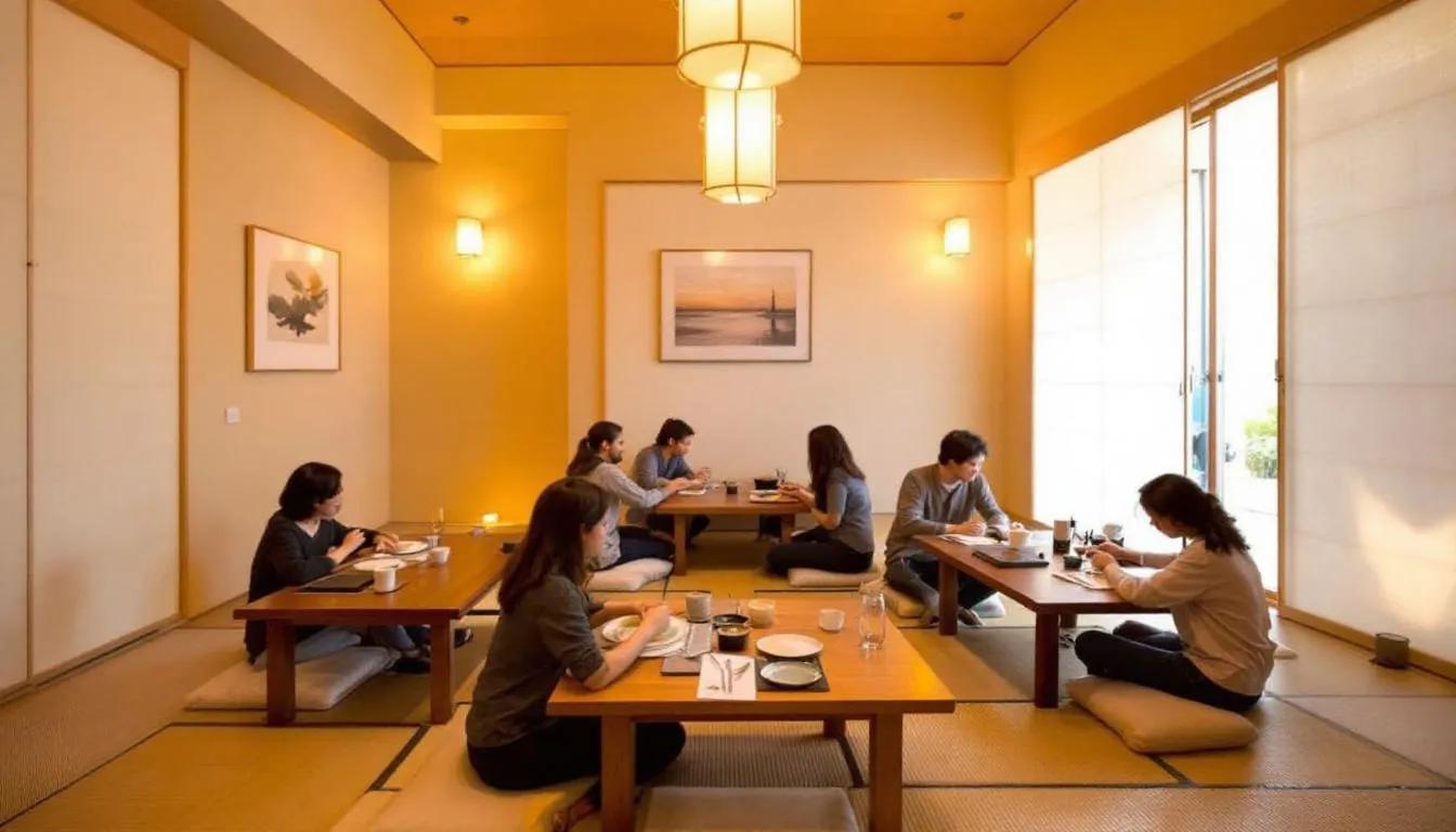 The image depicts an intimate dining area in a traditional Japanese izakaya, featuring low wooden tables with floor seating and warm, inviting lighting that creates a cozy atmosphere. This setting is perfect for enjoying fine food and drinks, such as sake and dishes like gold dust charcoal chicken and pork belly, reminiscent of a nomiya izakaya sake bar experience.