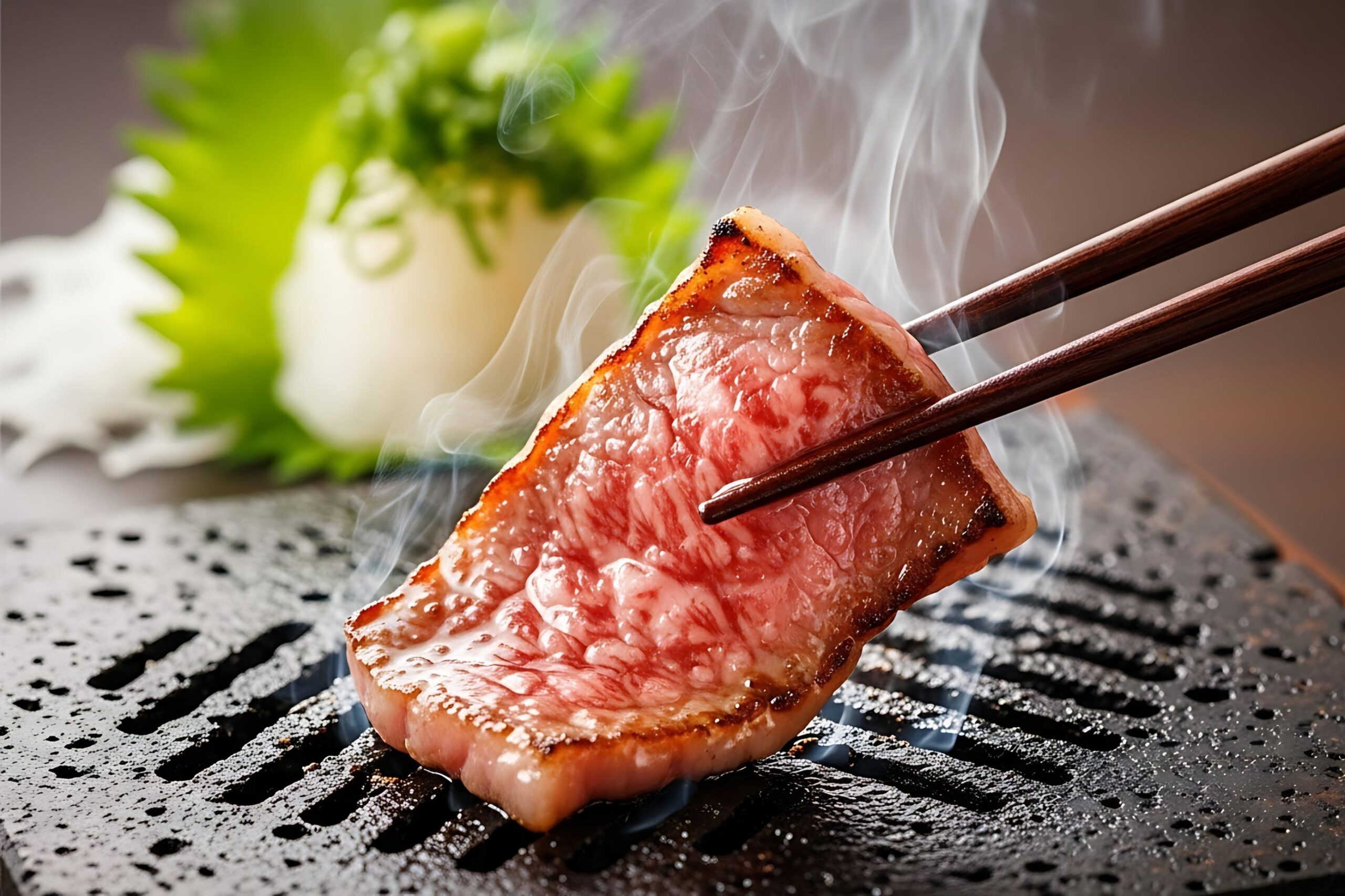 A set of wooden chopsticks lifts a single, thick slice of seared Wagyu beef from a hot, porous stone grill as steam rises from the meat. The beef displays rich marbling and caramelized edges, with a soft-focus background featuring a garnish of green leaves and white radish.