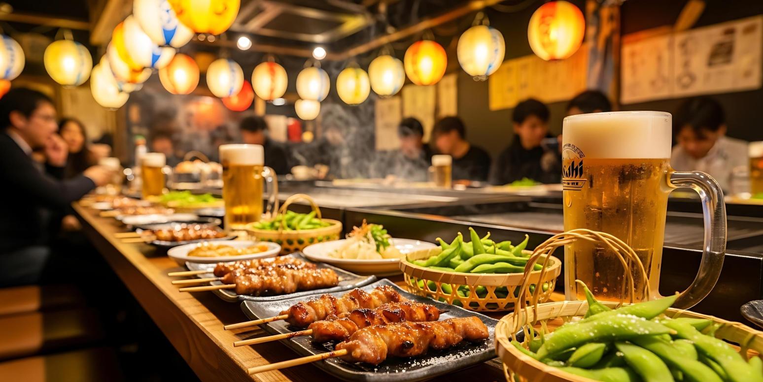This lively scene highlights a long wooden bar counter packed with baskets of fresh edamame, plates of glazed yakitori skewers, and a cold mug of draft beer. In the background, rows of colorful paper lanterns hang above a busy dining area where blurred customers enjoy the warm, festive atmosphere.