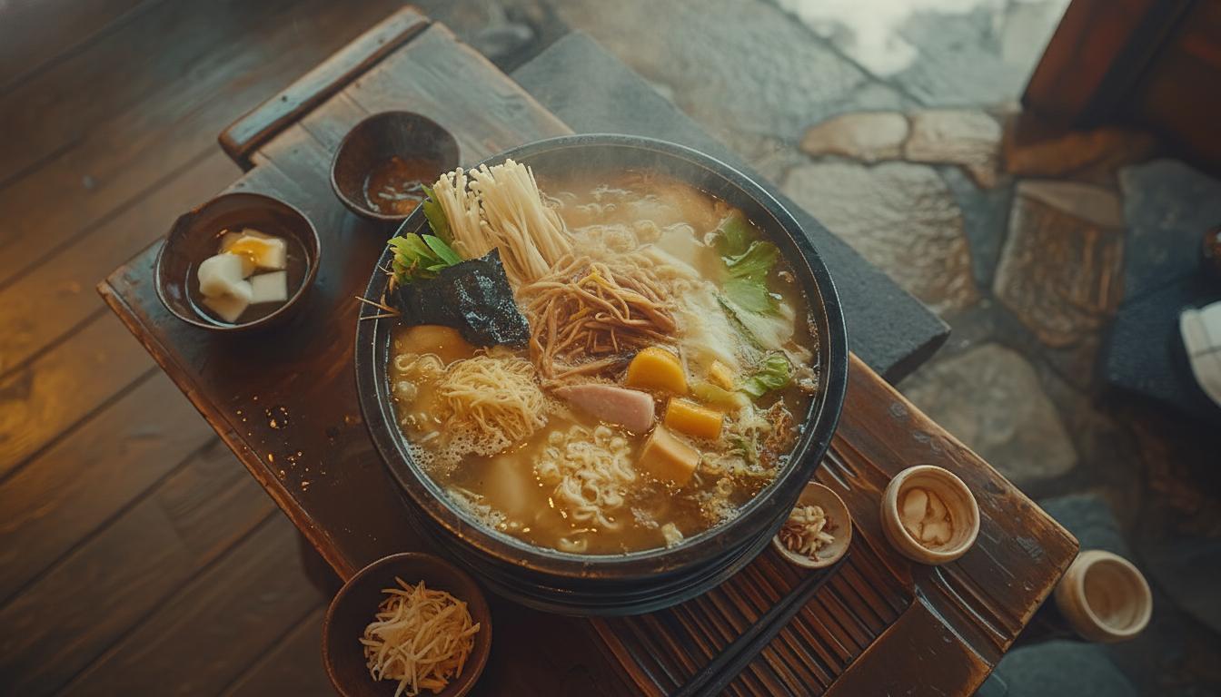 A steaming bowl of noodle soup sits on a wooden tray, generously topped with enoki mushrooms, seaweed, and vegetables in a rich broth. Several small side dishes containing pickles and seasonings surround the main bowl, creating a rustic and inviting meal presentation.