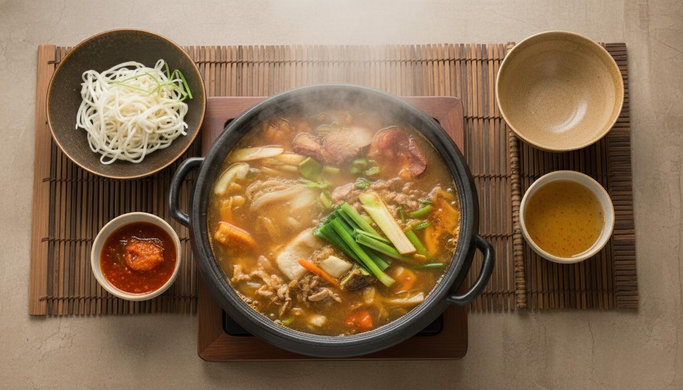 A steaming bowl of noodle soup sits on a wooden tray, generously topped with enoki mushrooms, seaweed, and vegetables in a rich broth. Several small side dishes containing pickles and seasonings surround the main bowl, creating a rustic and inviting meal presentation.