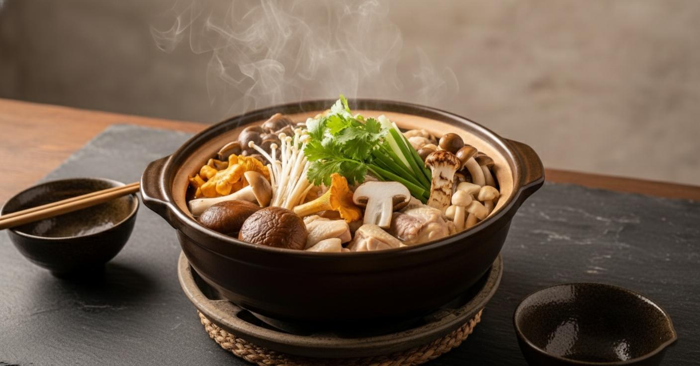 Steam rises from a rustic clay pot packed with chunks of chicken and a variety of mushrooms, including enoki and shiitake, topped with fresh green herbs. The pot rests on a woven trivet on a dark slate surface, flanked by small ceramic bowls and a pair of chopsticks.