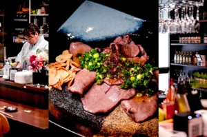 Japanese izakaya chef preparing dishes with grilled beef plate