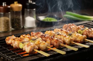 yakitori skewers grilling over binchotan charcoal close up