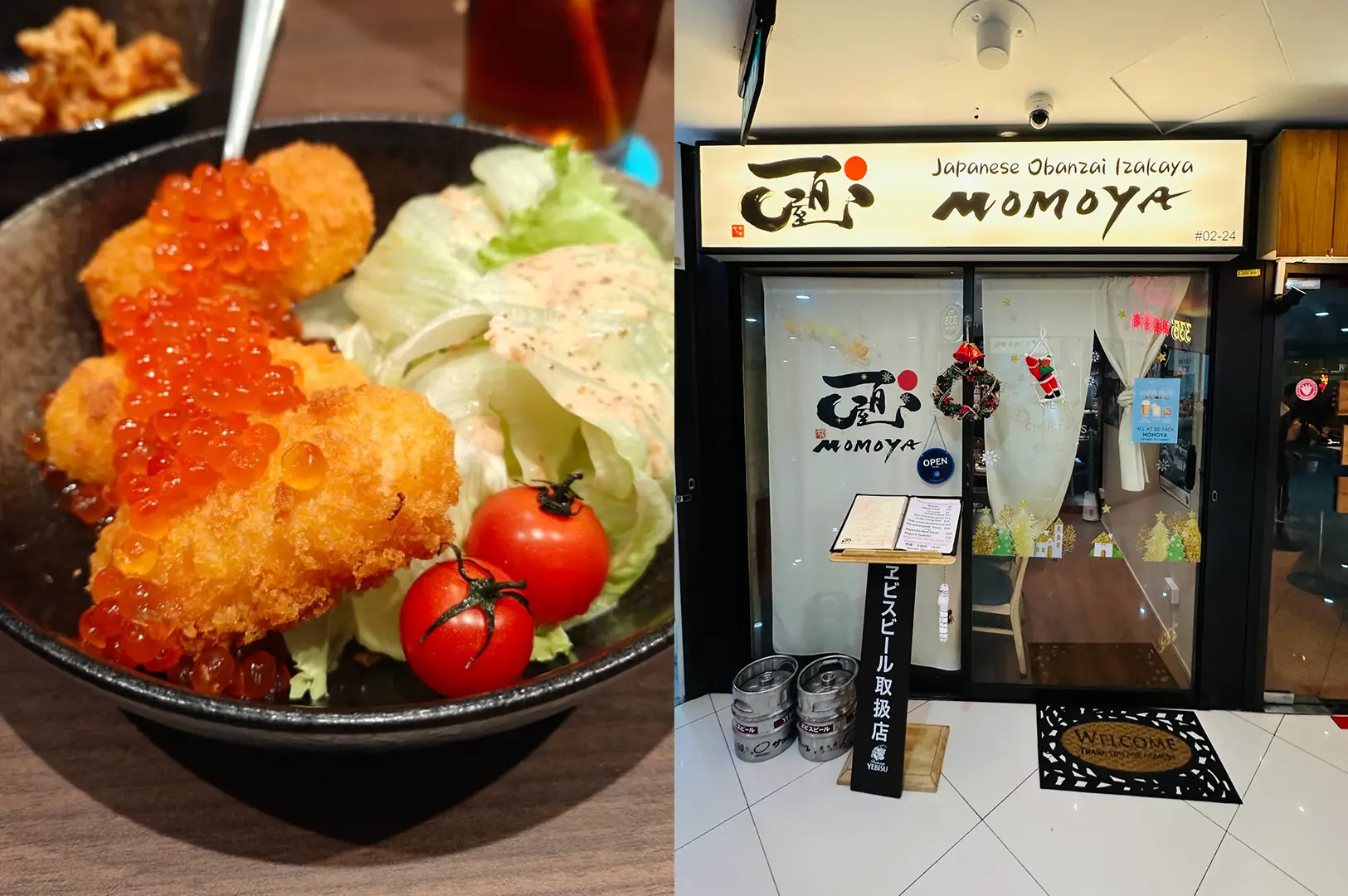 Fried salmon roe croquette with tomato and MOMOYA izakaya entrance at Orchard Plaza.