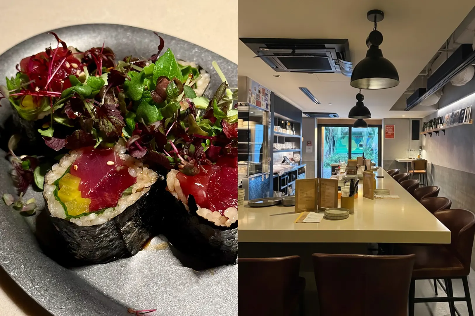 Tuna sashimi rice bowl with greens and modern izakaya interior with counter seating.
