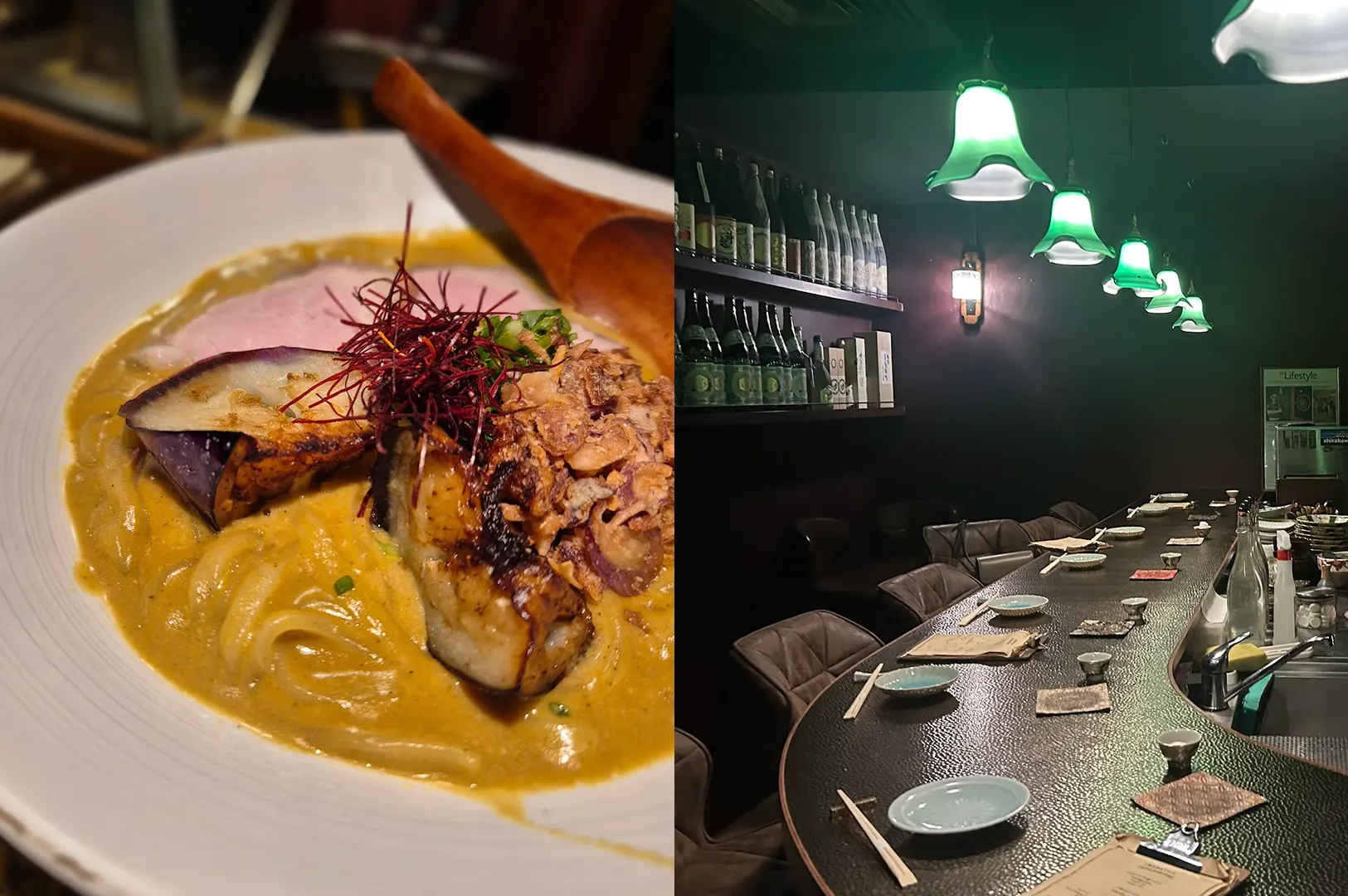 Grilled fish in curry sauce and moody izakaya counter with green pendant lights.