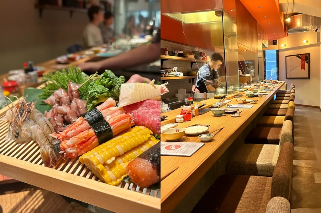 Assorted sushi platter with vegetables and bright izakaya counter with chef at work.