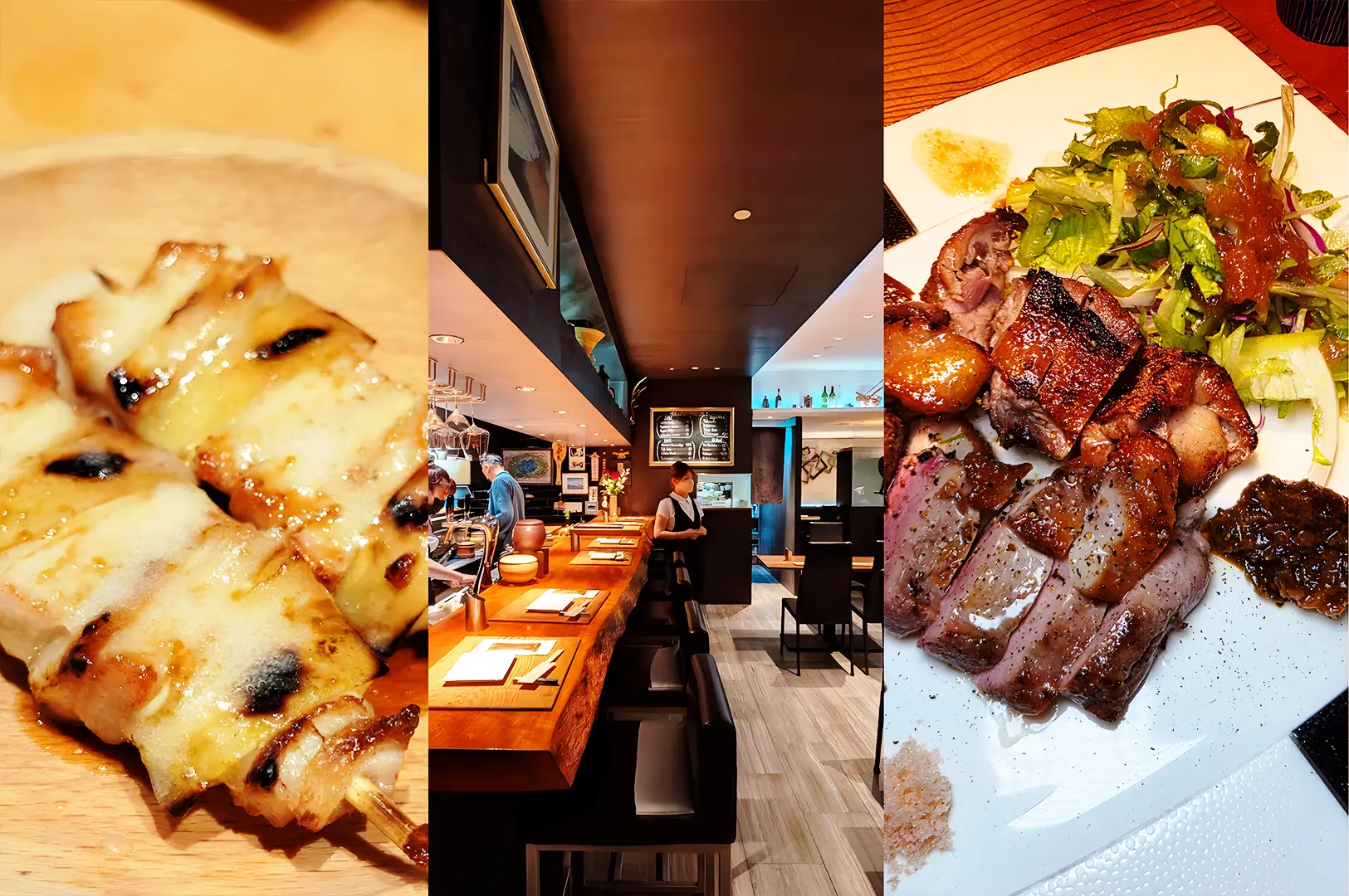 Grilled chicken yakitori skewers close-up with Japanese restaurant interior and premium meat platter in Singapore