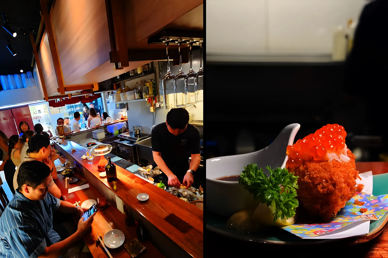 Gai Inn Izakaya Singapore counter seating with chef in action and Japanese croquette topped with ikura, intimate izakaya dining Orchard