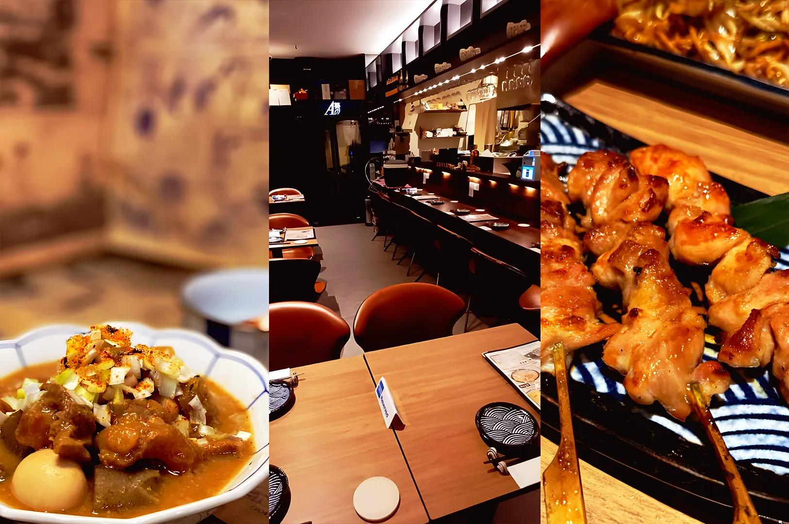 Modern Japanese izakaya interior in Singapore with skewered chicken yakitori and braised dishes on wooden table