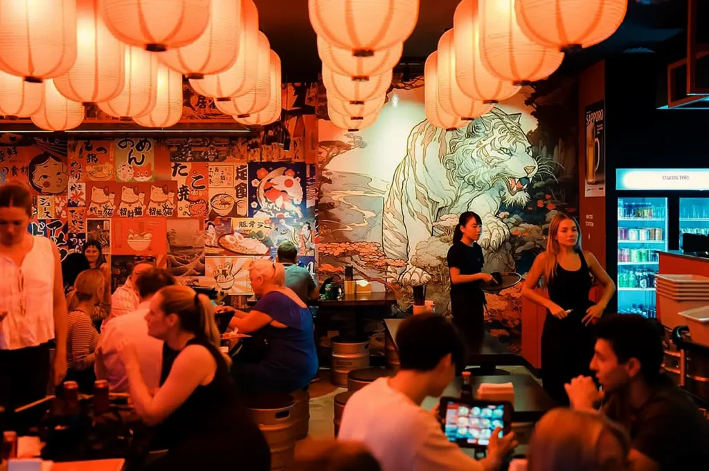 busy izakaya Singapore dining scene lantern lighting Japanese bar atmosphere Orchard Road social dining night