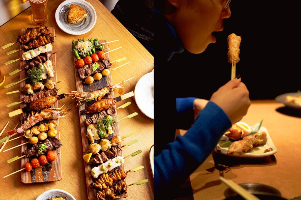 Singapore izakaya yakitori platter with assorted grilled skewers served at optimal temperature, diner enjoying skewer at counter seating