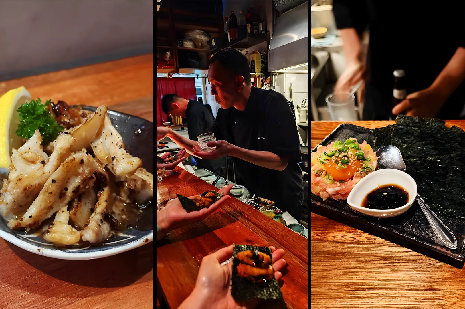 Japanese izakaya dishes in Singapore featuring grilled seafood, uni handroll preparation, and tuna tartare with egg yolk at Gai Inn Izakaya
