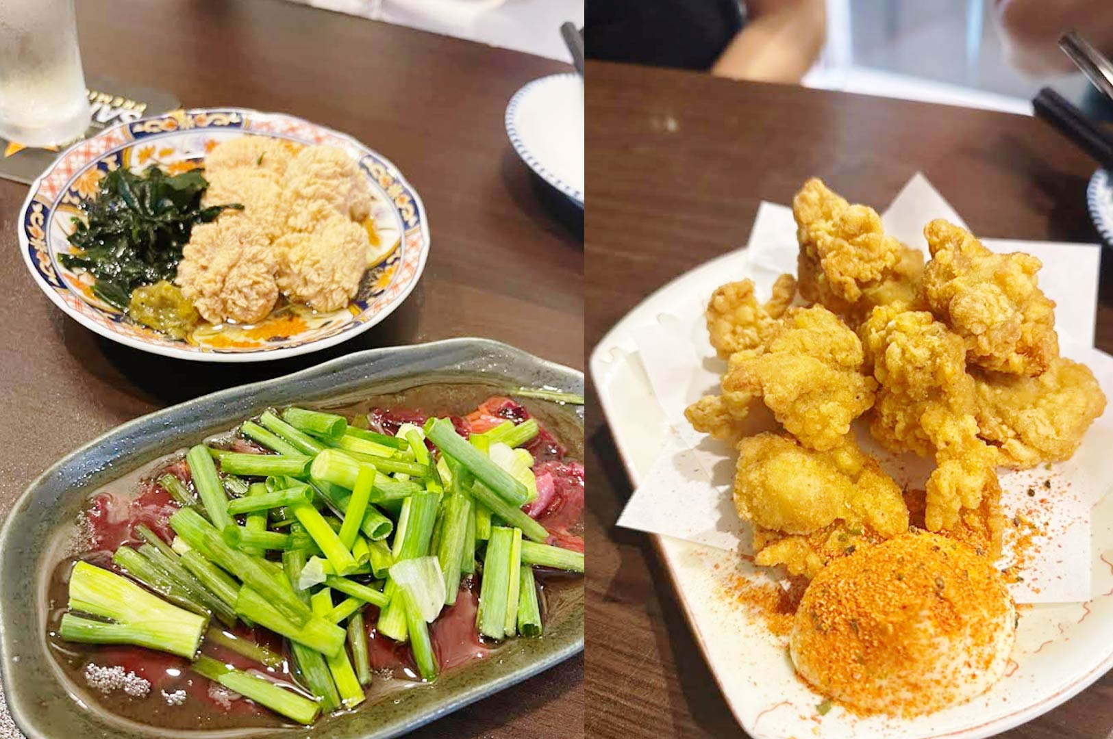 Japanese izakaya food in Singapore featuring chicken karaage and beef with scallions on shared plates