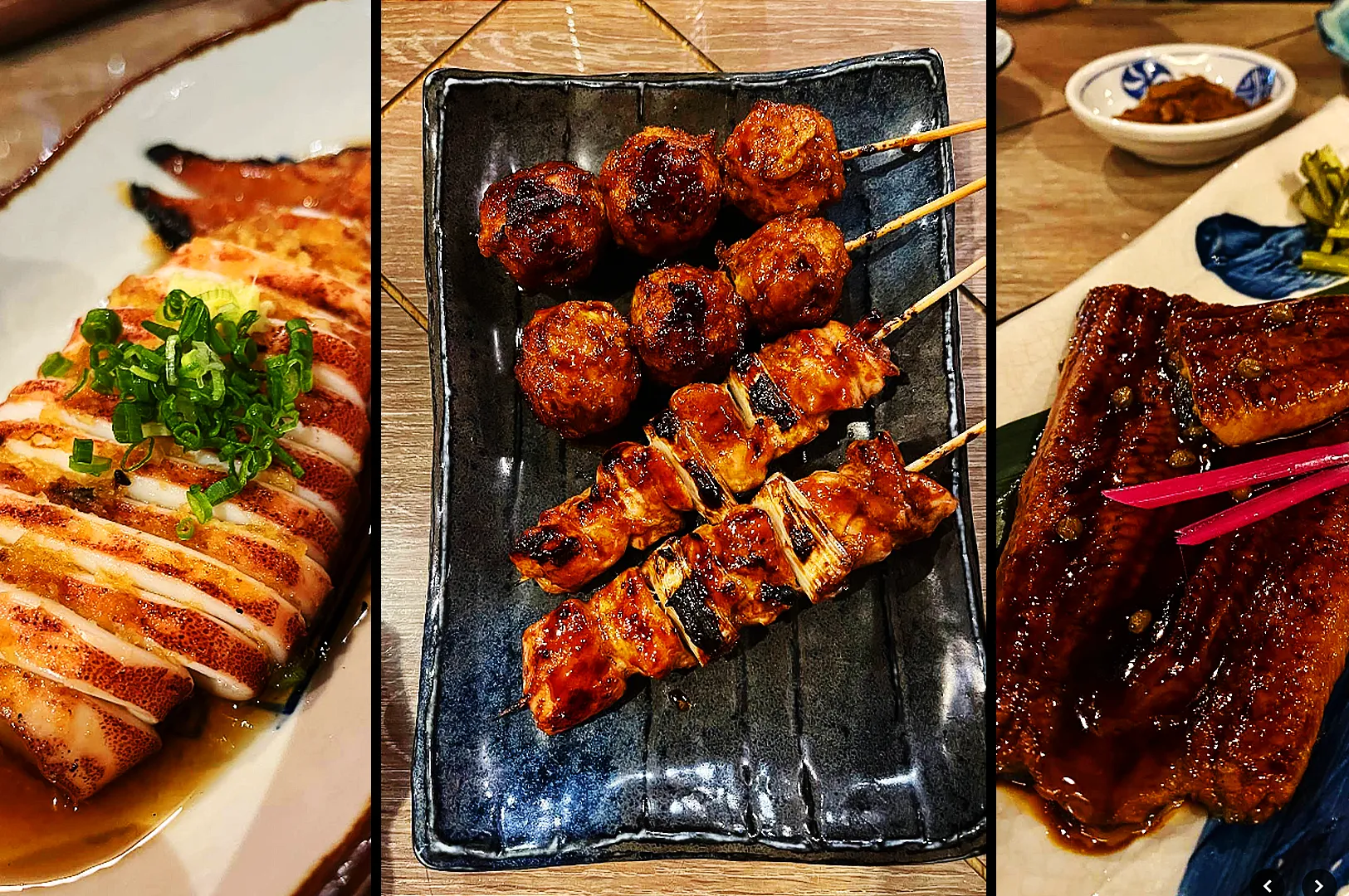 Assorted Japanese izakaya dishes in Singapore featuring grilled squid, yakitori skewers, and glazed meat plates with rich umami flavors