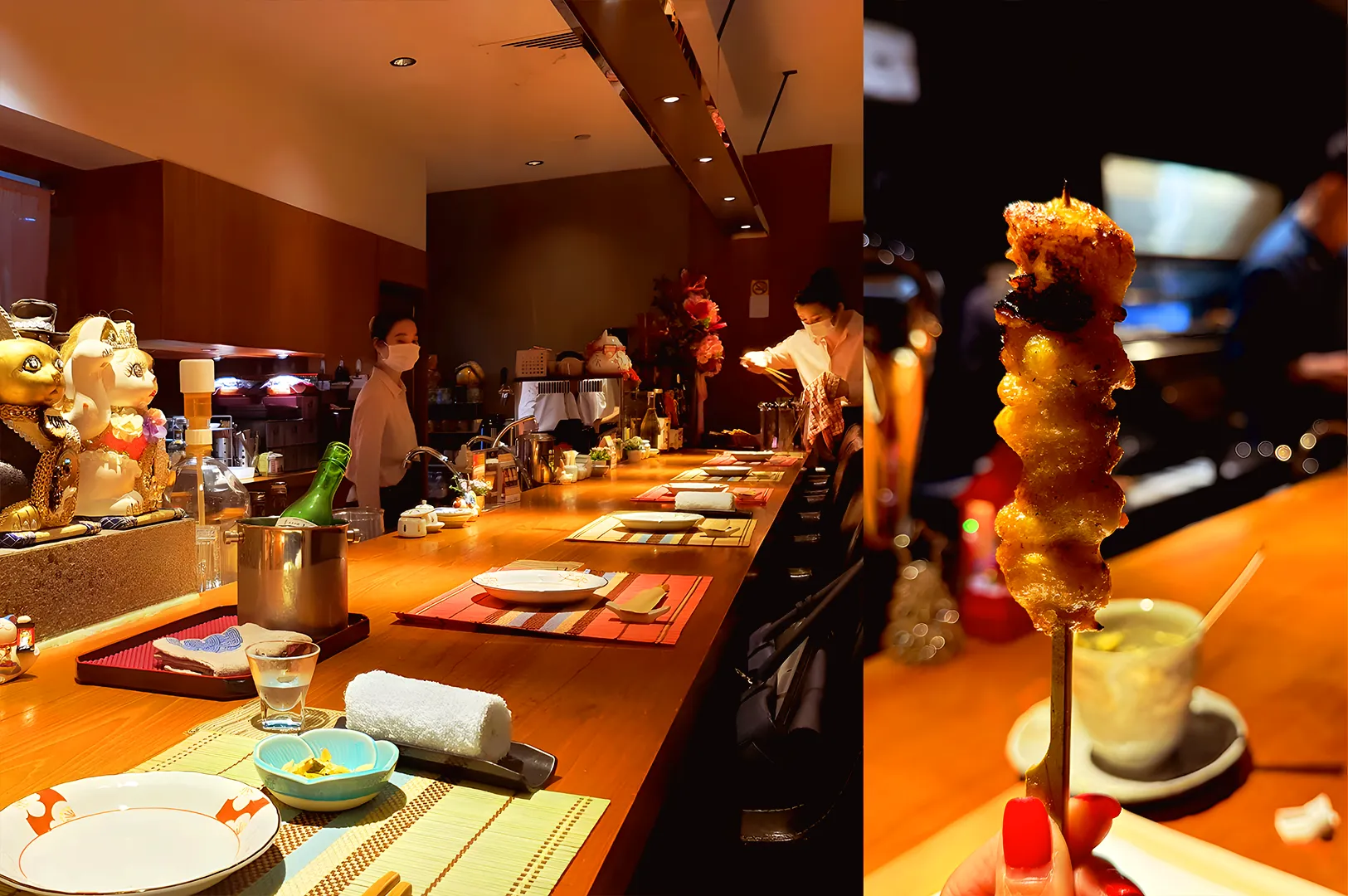 Japanese chef grilling yakitori at izakaya counter Singapore charcoal grill dining experience