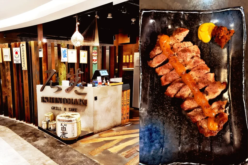 Ishinomaki Grill & Sake Singapore restaurant exterior with premium grilled steak dish plated in Japanese style