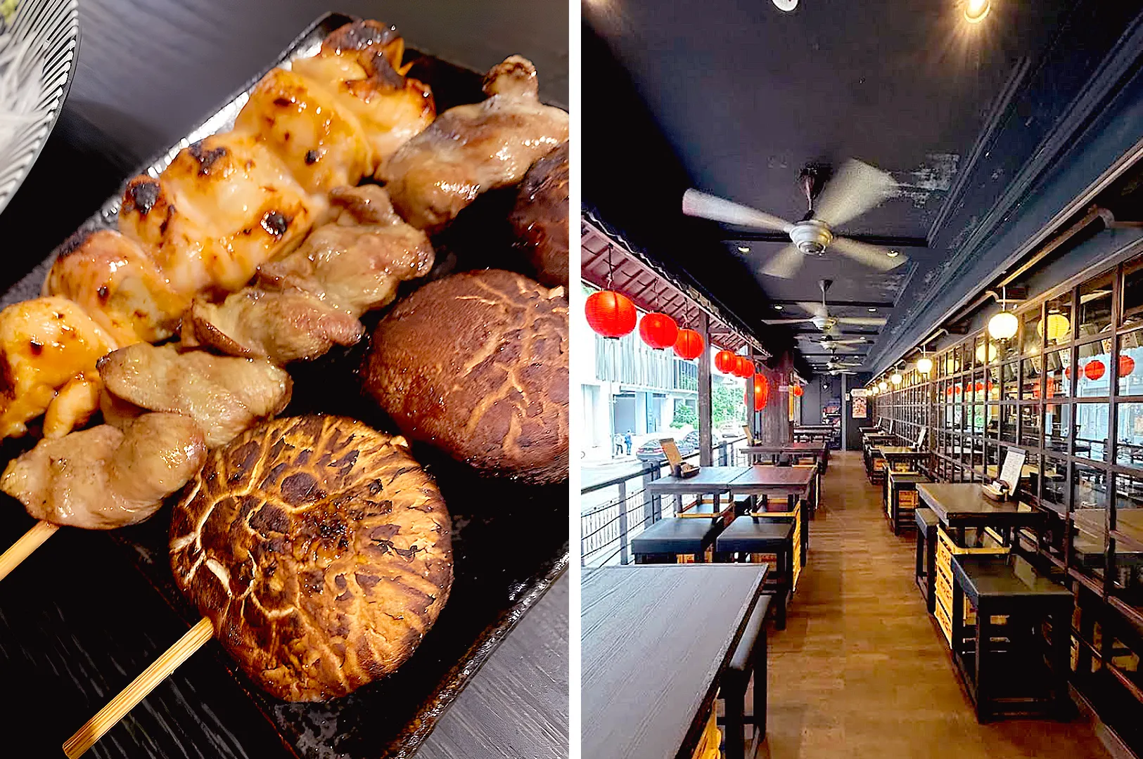 Kukai Izakaya Singapore yakitori close-up with grilled skewers and spacious izakaya seating area at Orchard Towers