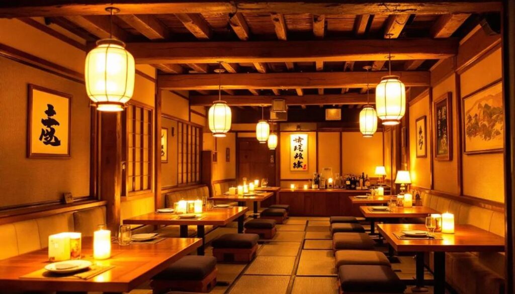 The image showcases a cozy izakaya interior featuring traditional wooden décor and warm lighting, creating an inviting atmosphere for diners. This setting is perfect for enjoying authentic Japanese cuisine, where guests can indulge in signature dishes and experience the culinary artistry of Japanese chefs.