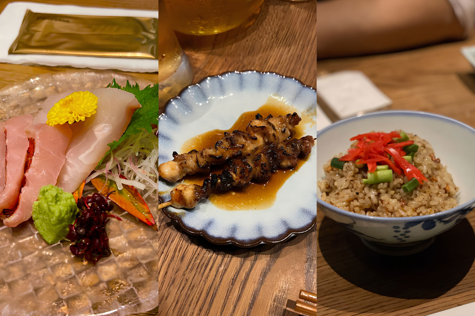 Japanese sashimi platter, grilled yakitori skewers, and garlic fried rice at Cuppage Plaza Singapore Japanese restaurant