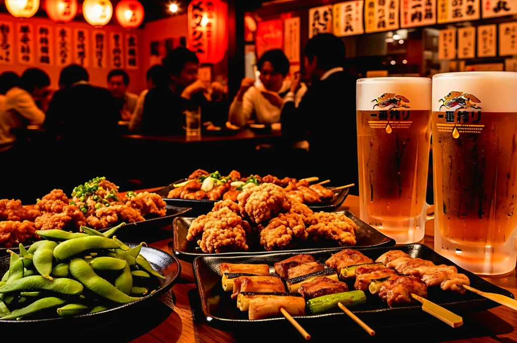 Crowded izakaya table with yakitori skewers, karaage, edamame, and Japanese beer during busy dinner service in Singapore
