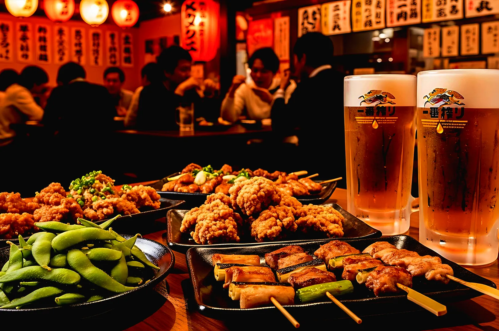 Crowded izakaya table with yakitori skewers, karaage, edamame, and Japanese beer during busy dinner service in Singapore