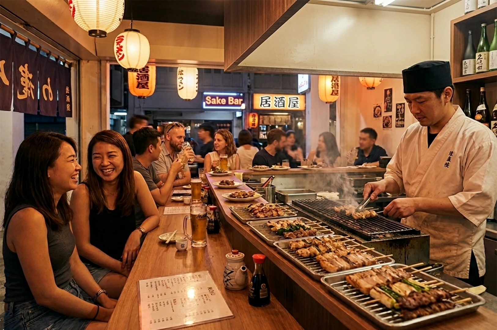 A photograph of a busy Izakaya interior, showing customers seated at a wooden counter and a chef in a white uniform grilling skewers over a steaming charcoal grill.