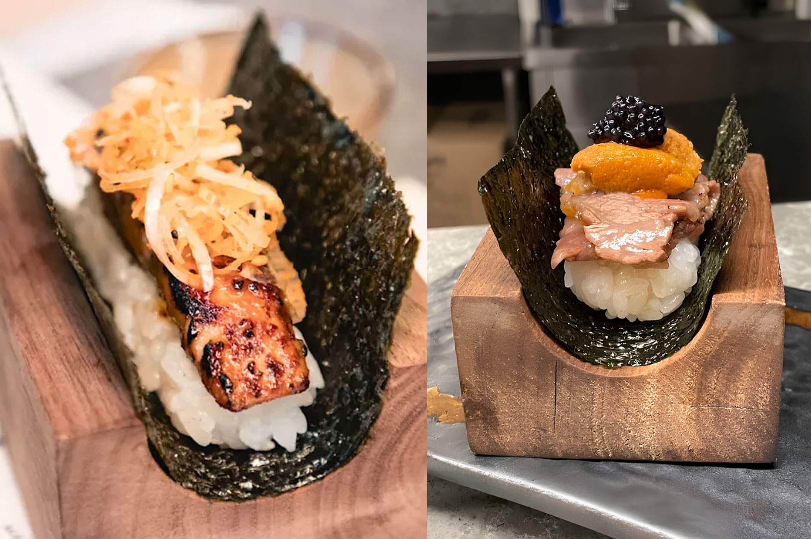 Premium Japanese handroll sushi with grilled salmon, wagyu beef, uni, and caviar served on wooden holders