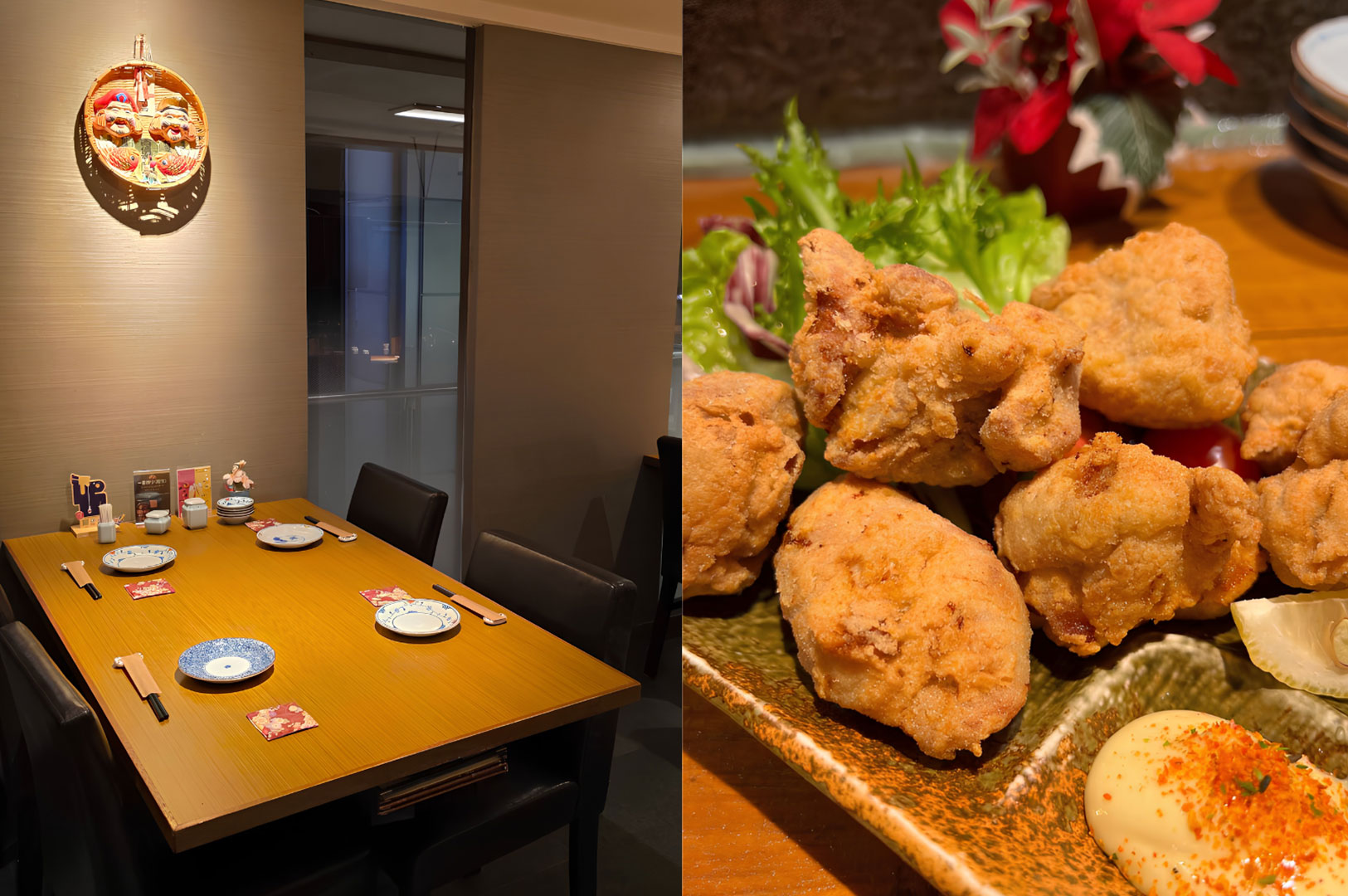 Private Japanese dining room with crispy karaage chicken and authentic izakaya atmosphere in Singapore