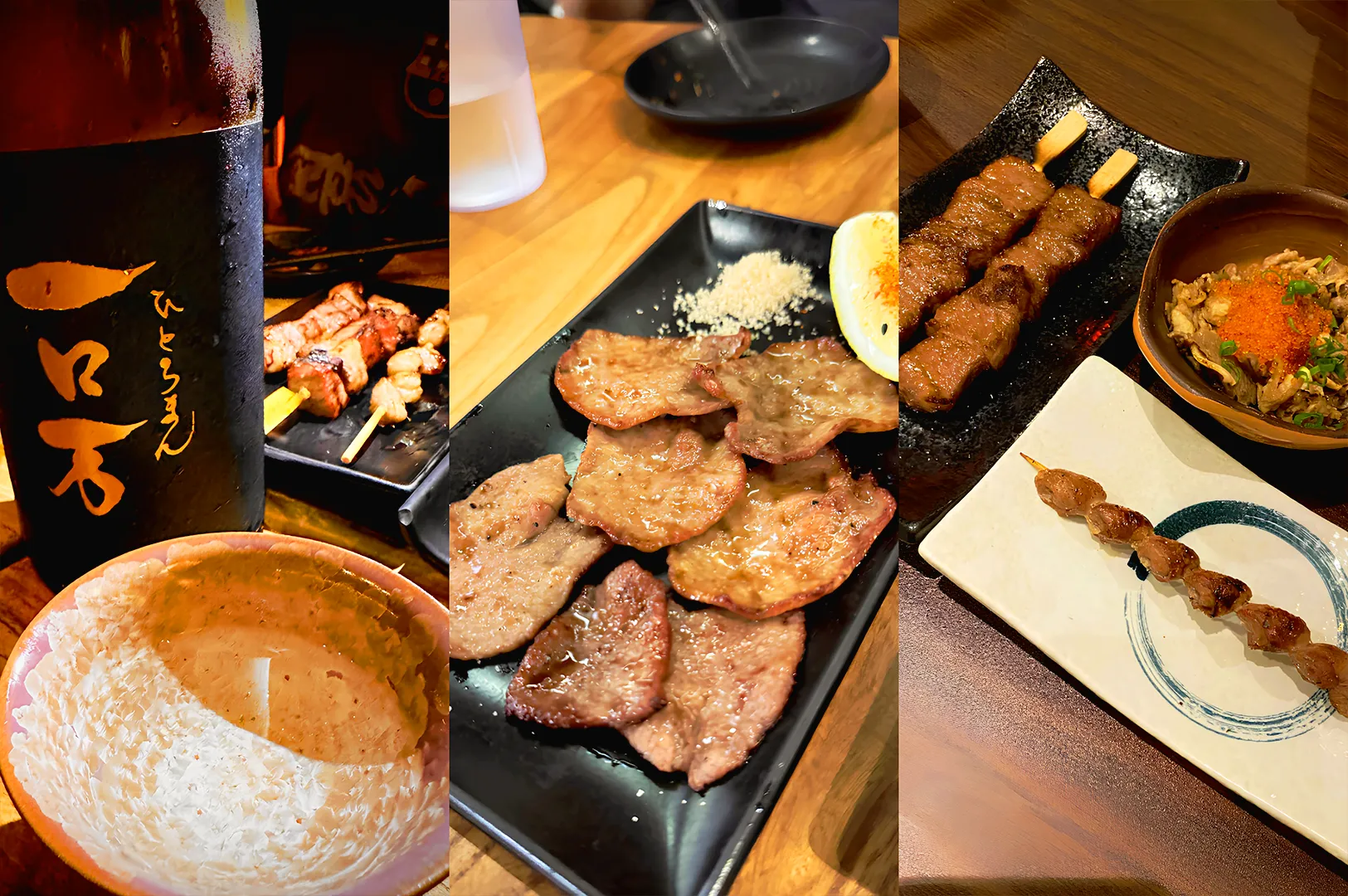 Japanese izakaya dining spread with grilled skewers, sake bottle, and shared plates on wooden table